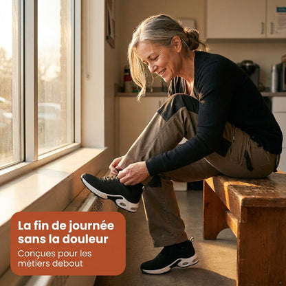 Femme laçant ses baskets Orthalya après sa journée de travail