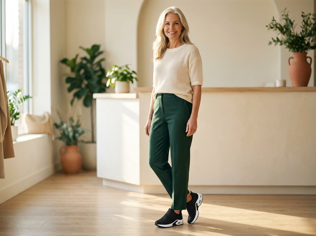 Femme portant les baskets Orthalya Confort Pro noires avec un pantalon vert